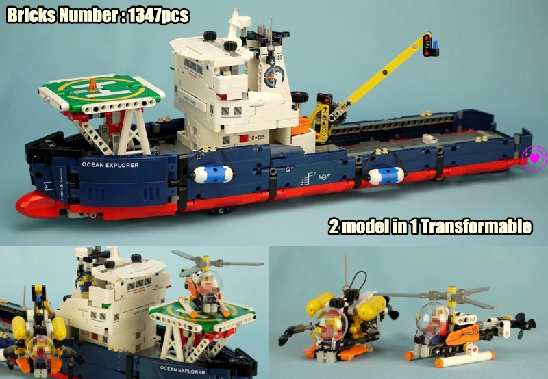 

New Transformable Technic Searching Ship fit legoings technic 42064 ship boat Helicopter city plane Building Block Bricks Toys