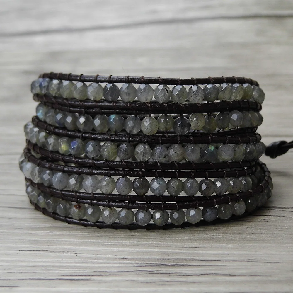 grey beads BOHO 5 Wraps Bracelet labradorite bracelet Leather Wrap Moonstone wrap bracelet bead wrap labradorite Jewelry