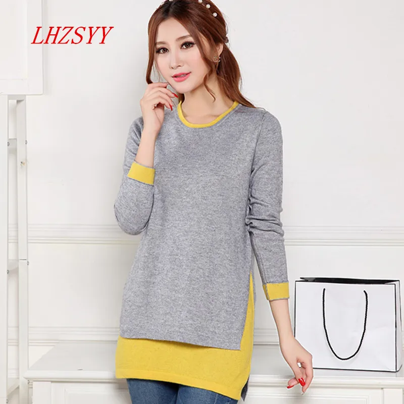 New winter women's Cashmere spell color false two fashion Slim Sweater and long sections Hedging Cashmere Sweater