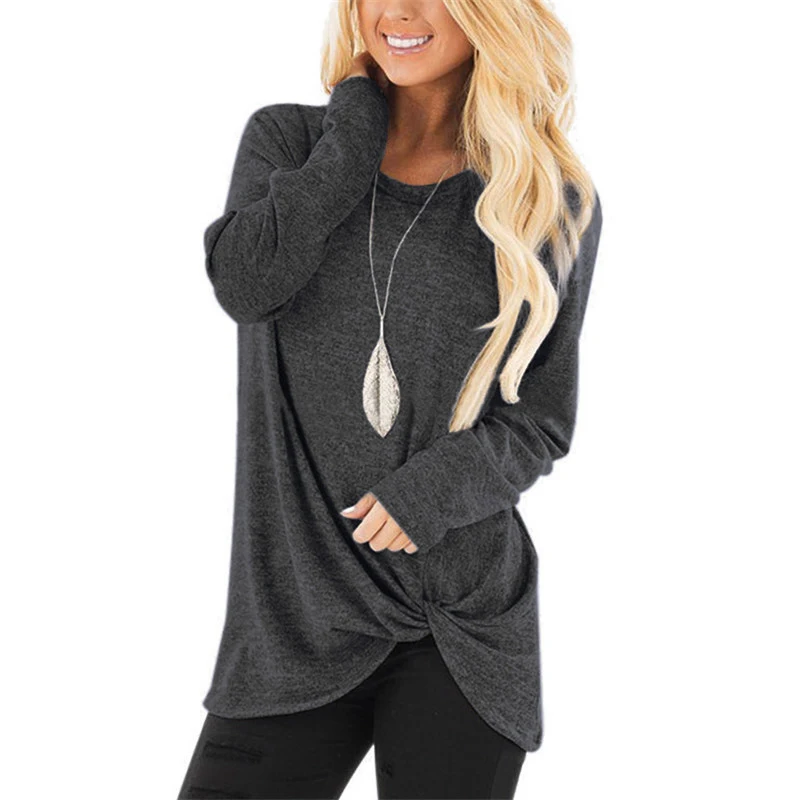 Plus Size Women's O Neck Long Sleeve Pullovers Solid Casual Tie Blouse Loose Ladies Tops 2019 Spring Summer Basic Female Shirts