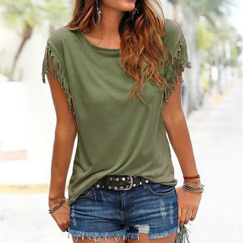 

Women T-Shirts Sexy Taseel Short Sleeve Tops Casual O Neck T Shirt Cotton Blends Jumper Pullover Shirt Womens Khaki Red T Shirts
