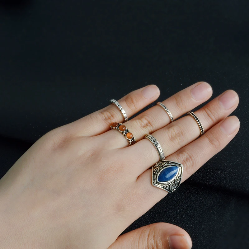 

Miss Zoe 6pcs/set BOHO Beach Rings Ethnic Stone Carved Geometric Punk Joint Ring DIY Bohemian Vintage Women Finger Jewelry