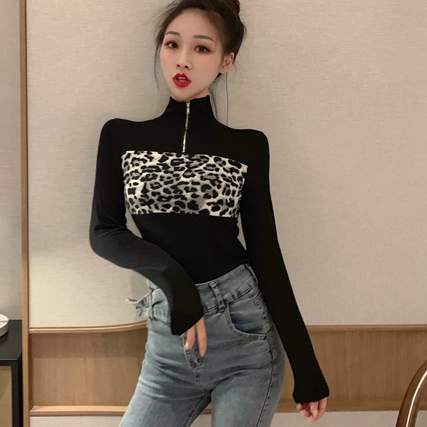 

Patchwork Leopard Print Tshirt Zipper 2019 Spring Autumn Turtleneck High Street Women Long Sleeve T Shirts Tops Outside T93405