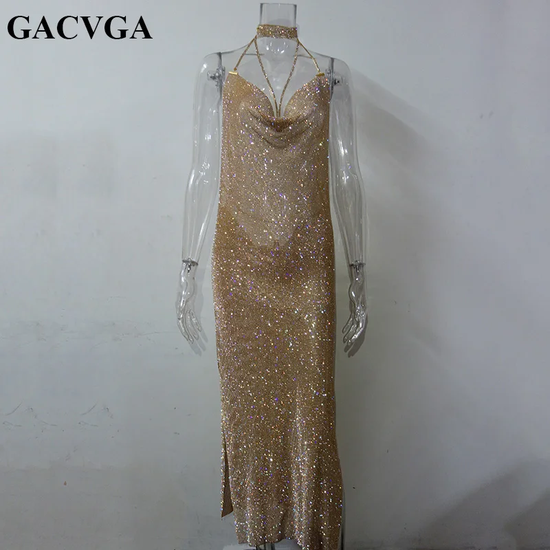 GACVGA блестящее металлическое длинное платье для женщин с открытой спиной летнее макси-платье с разрезом Сексуальные вечерние платья Vestidos