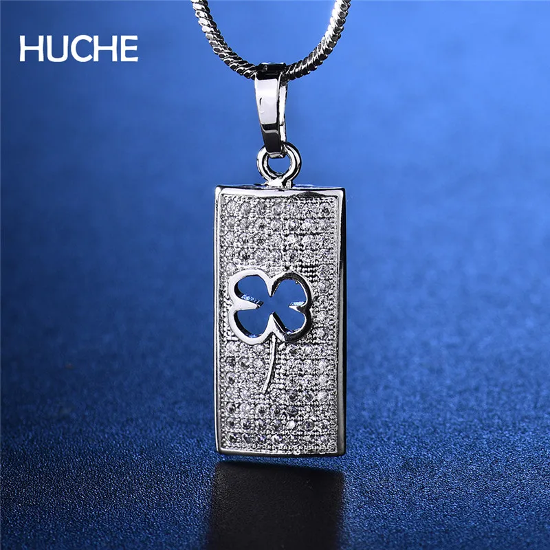 HUCHE Square With Clover Hollow Pendant For Necklace Women Pave AAA Cubic Zircon Vintage Copper Fashion Jewelry HYJP051 | Украшения и
