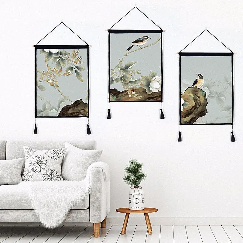 

Chinese Style Modern Nordic Style Home Decor Wall Hanging Tapestry Cotton Linen Scroll Painting with Tassels Art Wall Decorating