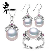 MINTHA, 925 пробы, серебро, натуральный жемчуг, рубиновый ювелирный набор для женщин, этнические длинные серьги, богемный цветок, ювелирный набор, ожерелье