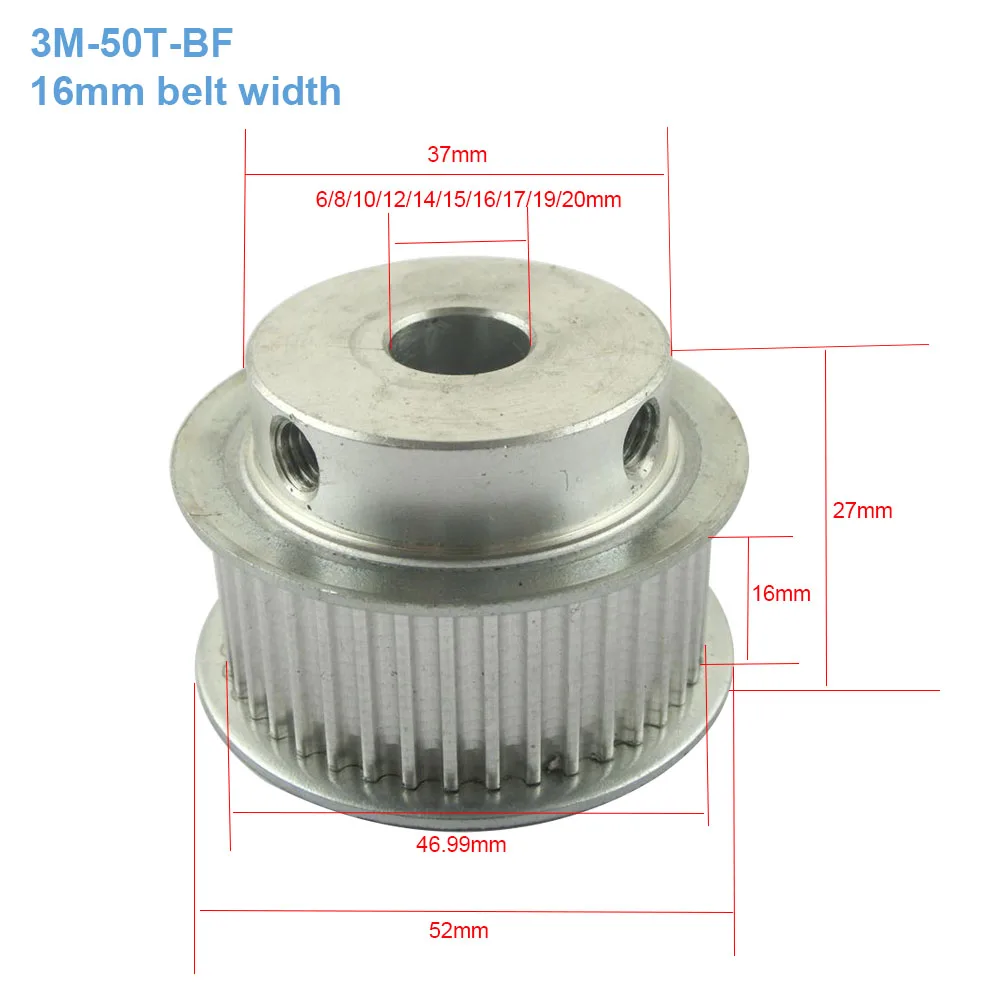 HTD3M зубчатый шкив Технические данные: около 50 т 16 мм ремень Ширина 6/8/10/12/14/15/16/17/20 мм диаметр 50 зубов Шестерни приводной ременный шкив Алюминий зубчатого шкива
