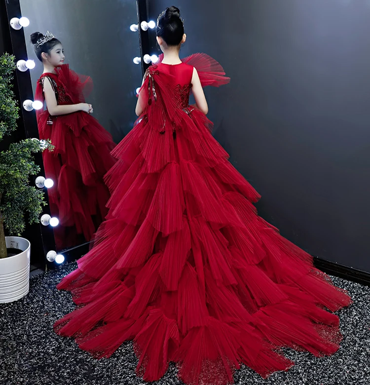 Красное бальное платье принцессы; Детские вечерние платья для девочек; новогодний костюм; детская модельная одежда для подиума; модная Рождественская одежда