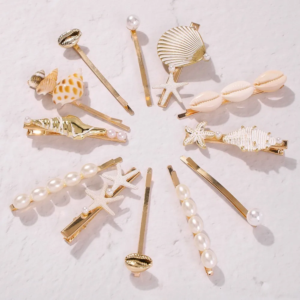 

JOUVAL New Summer Sandy Beach Hair Clip 3pcs Set For Women Simulated Pearl Shell Cowrie Elegant Hairpins Girls Barrettes Jewelry