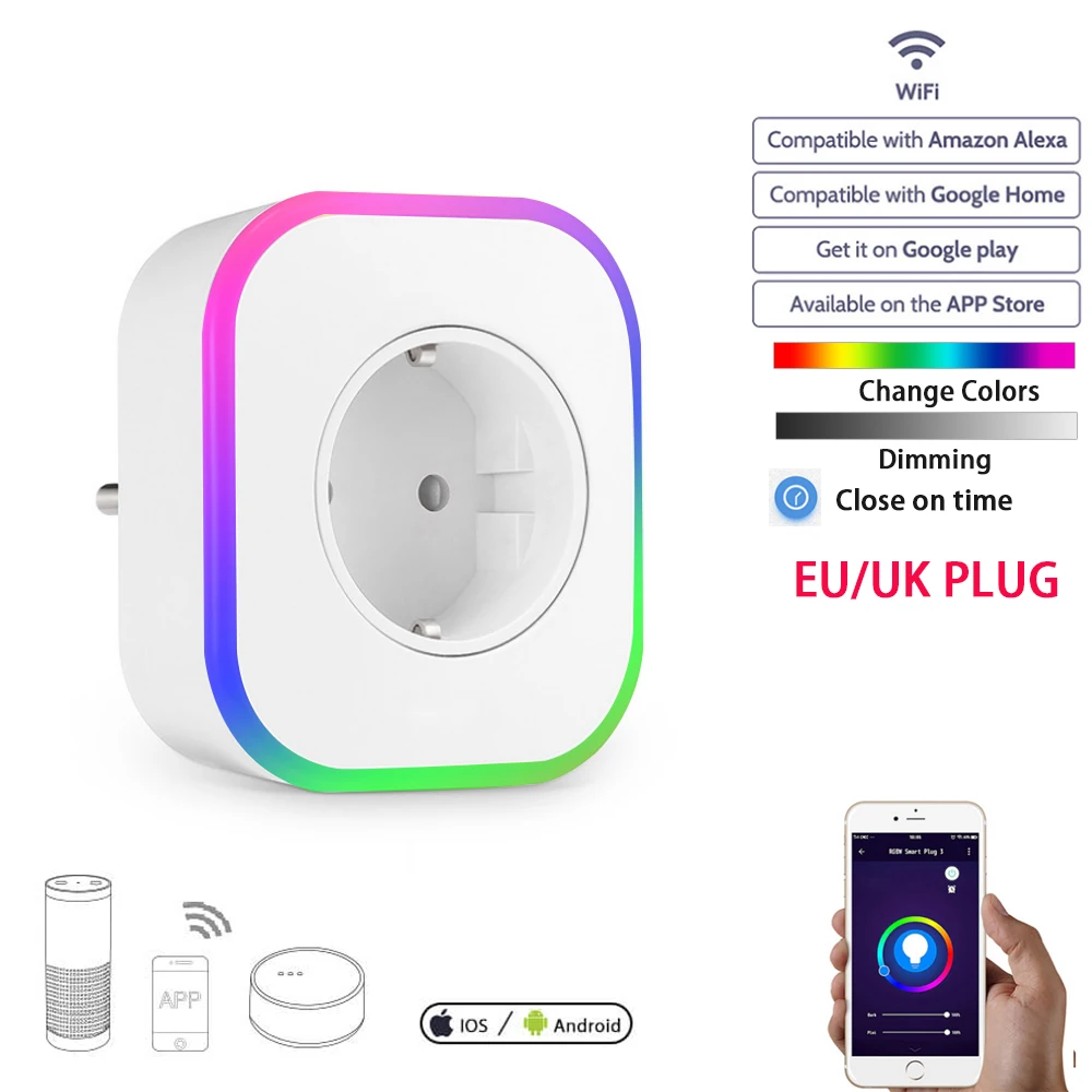 Inteligente com Lâmpada Monitor de Potência Padrão do Google Alexa Plug Wifi Tomada Rgb Noite Temporização Interface Usb Casa Ifttt uk ue