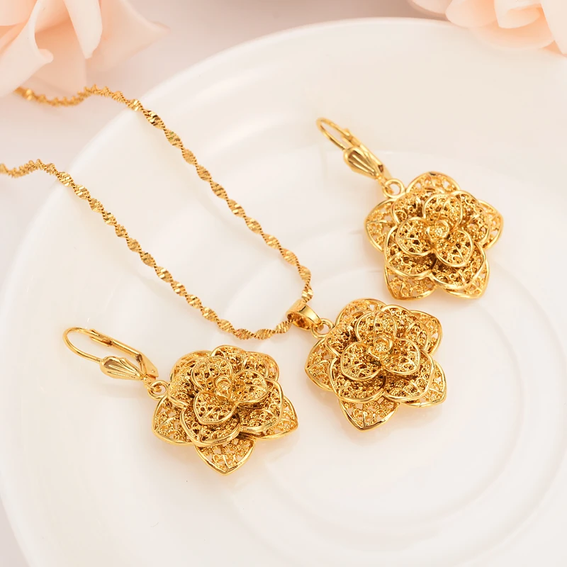 

Gold Dubai India flower pendant necklaces chain earrings for women gold jewelry sets wedding bridal girls Christmas gifts