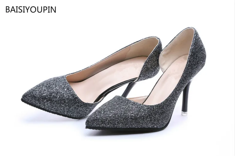 

Solid Sexy Wedding Women Pumps Shoes New Pointed Toe Slip-On Sequined Cloth Shallow 8.5cm High Thin Heels Party Woman Shoes