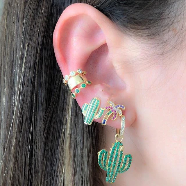 

2019 Hot Sale Girl Minimalism natural Jewelry Dazzling Green green mini CZ Cactus Tree Crystal charm cute Drop dangle Earrings