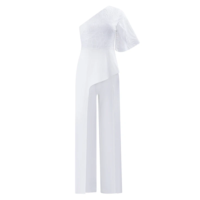 Max Spri летние новые модные женские элегантные свободные длинные Комбинезоны на одно плечо с коротким рукавом и кружевными оборками - Color: White
