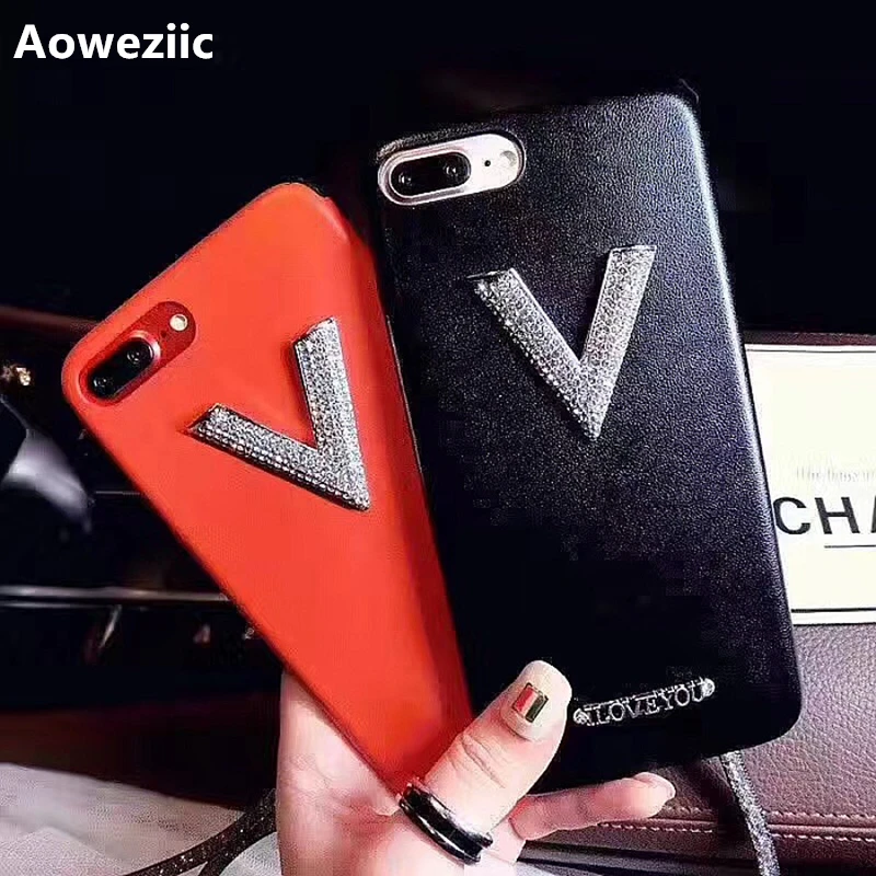

Aoweziic New Tide brand rhinestones V word For iPhone 7 6plus 8Plus X XS MAX XR 6s phone case all-inclusive leather soft shell