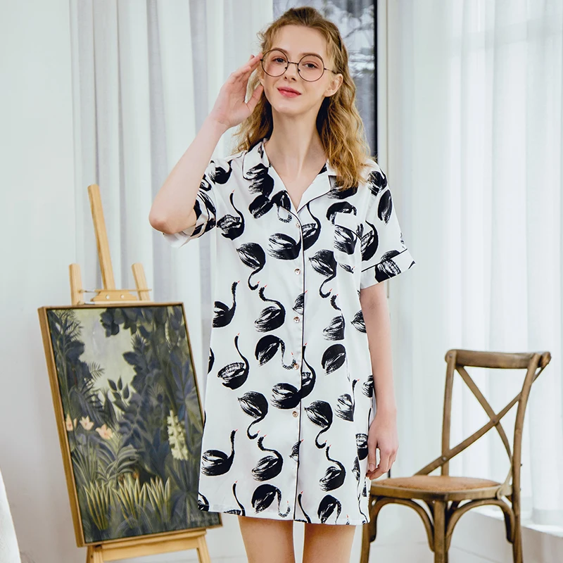 

Roseheart Spring White Sleeping Shirt Sleep Wear for Women Printed Collar Neck Woven Female Sexy Sleep Tops Clothes Plus Size