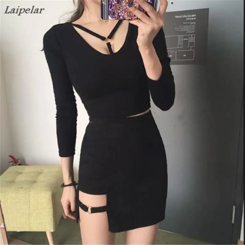 

Iron Ring T-shirt Women V Neck Long Sleeve Sexy Crop Tops 2018 New Fashion Slim High Waist Casual Short T-shirt Laipelar