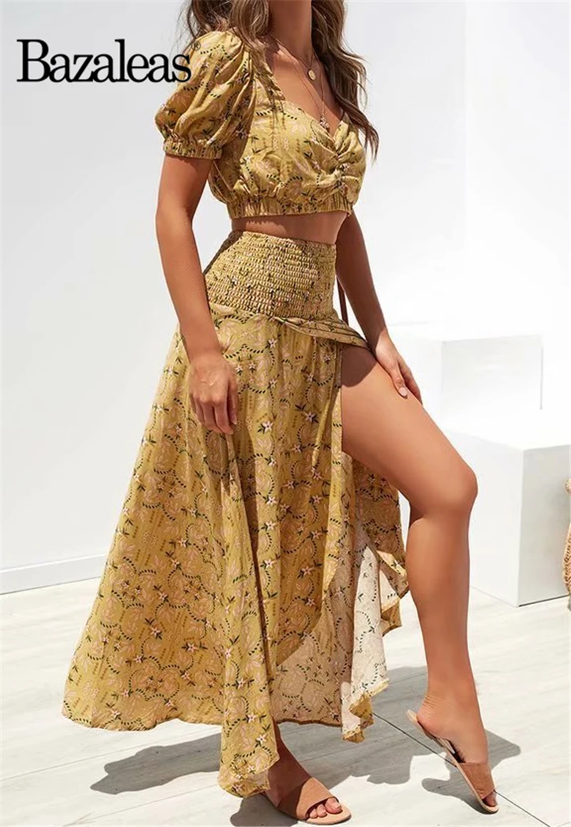 

Summer Harajuku Cropped Beach Two Piece Set Cotton Yellow Floral Women Suit 2019 Ruched Crop Top And Midi Split Skirt