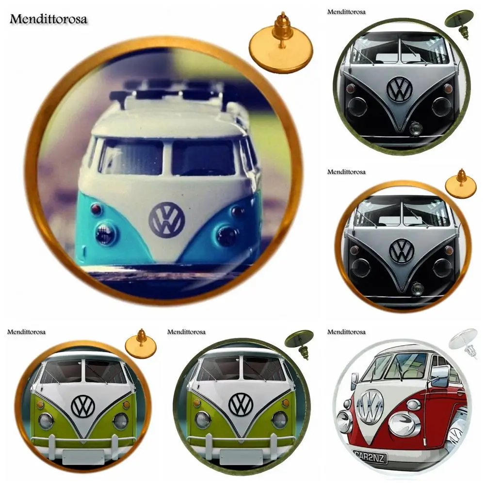 

For Girls Best Gift Jewelry Glass s Bronze/Silver/Golden Clip Ear Hook Stud Earring Bijouterie Blue Yellow Hippie Peace Van Bus