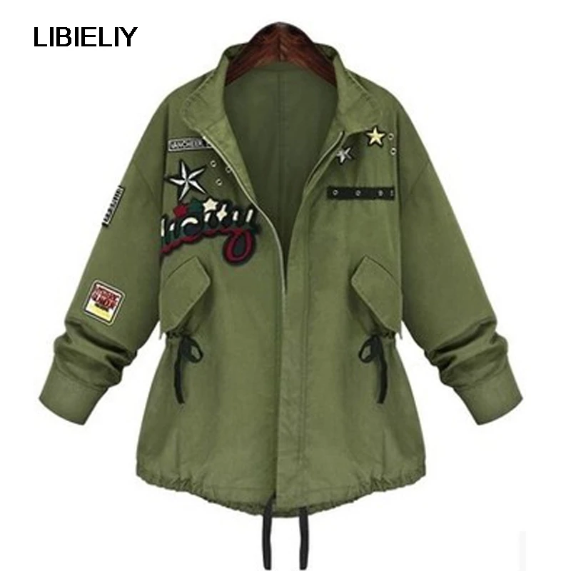 New European Autumn Women Loose Thin Bomber Jacket Patch Embroidered Long Sleeves Personality