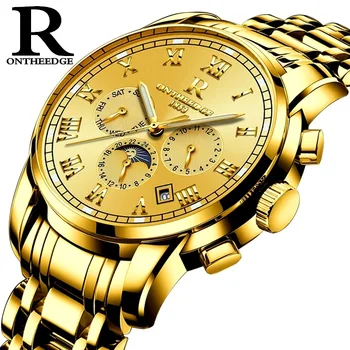 

luxury gold Automatic Mechanical Wristwatches mens watches business stainless steel waterproof Moon Phase calendar ontheedge
