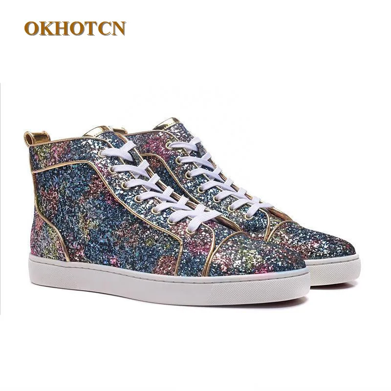 

Hot Unisex New Zapatillas Hombre Luxury Fashion Brand Men Shoes Sequined Cloth Cool Men Blue Glitter Boots Lace-up Casual Shoes