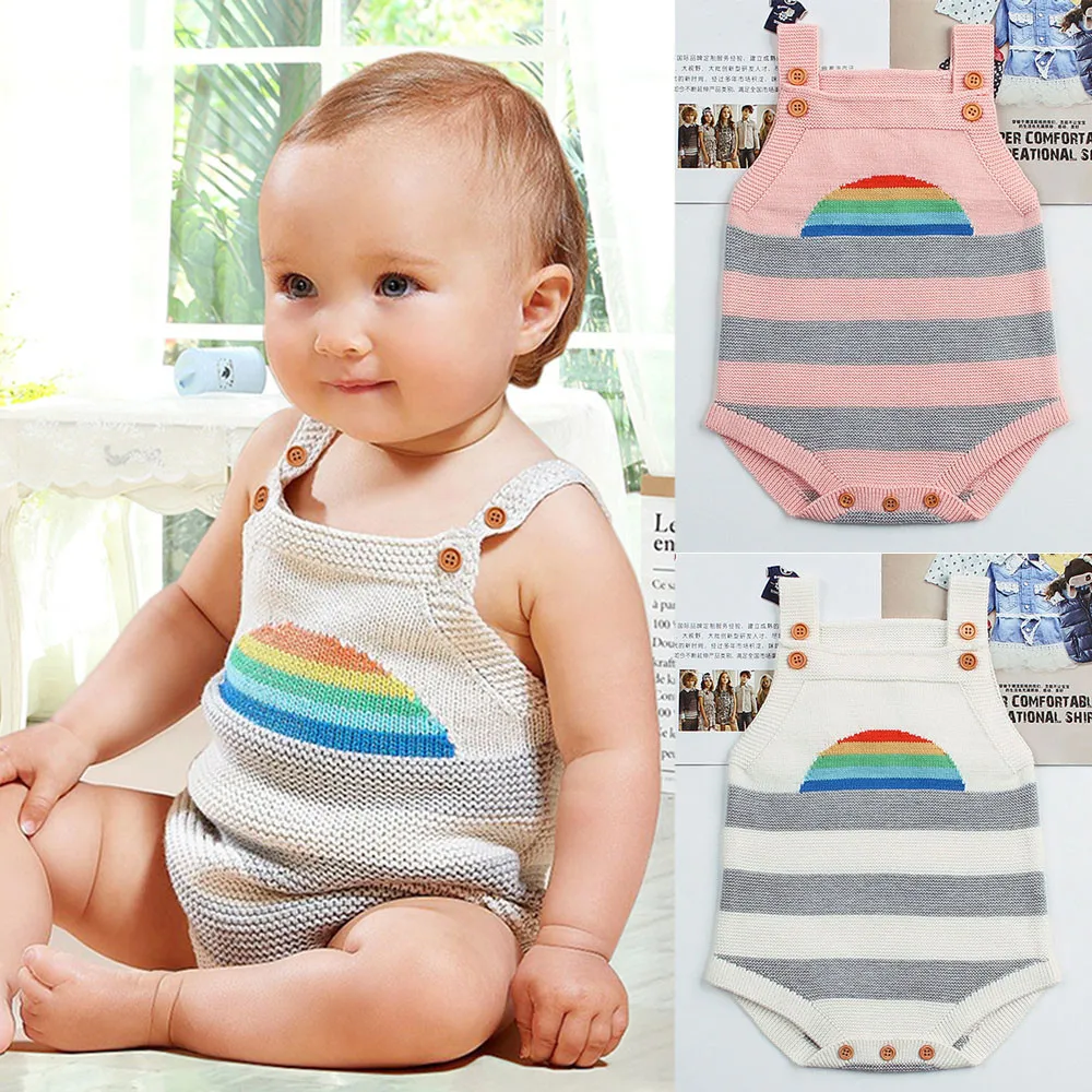 Toddler Newborn Baby Boys Girls Knitted Rainbow Rompers Jumpsuit