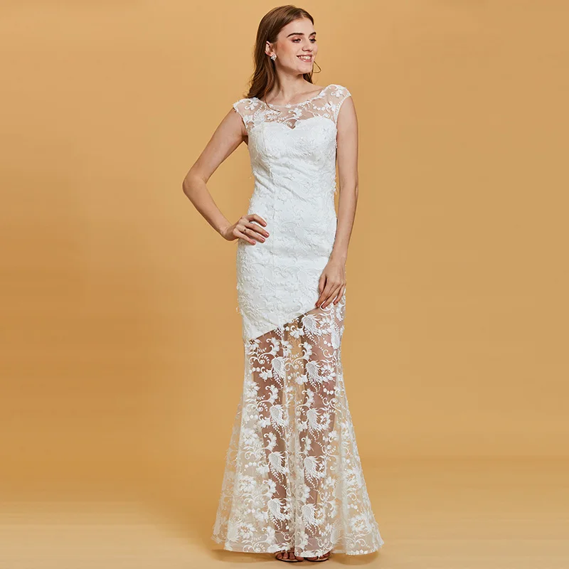 Dressv белое длинное вечернее платье дешево совок шеи Кружева кепки рукава Свадьба официальное платье русалки вечернее платье es