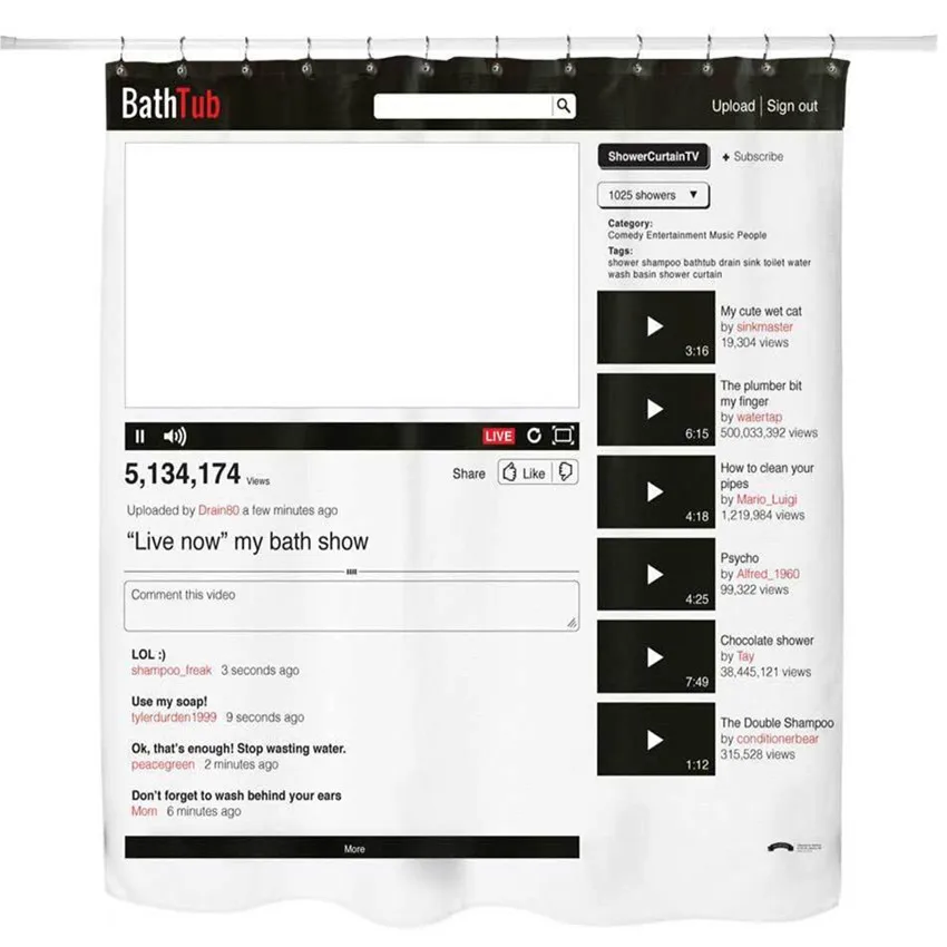 180*180 см креативный Youtube занавеска для душа веб-страница занавеска для ванной s водонепроницаемый плесени стойкий Полиэстер Товары для ванной комнаты 12 крючков