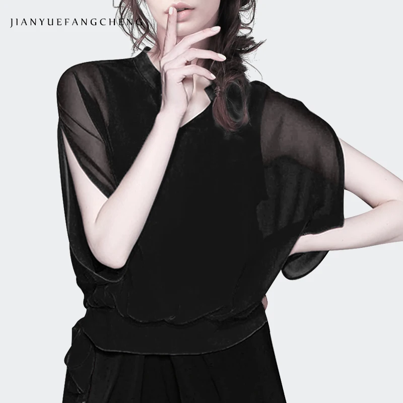 

Plus Size Raglan Sleeve Women Chiffon Blouse Solid Short V-Neck Pull On Office Ladies' Summer Tops And Blouses