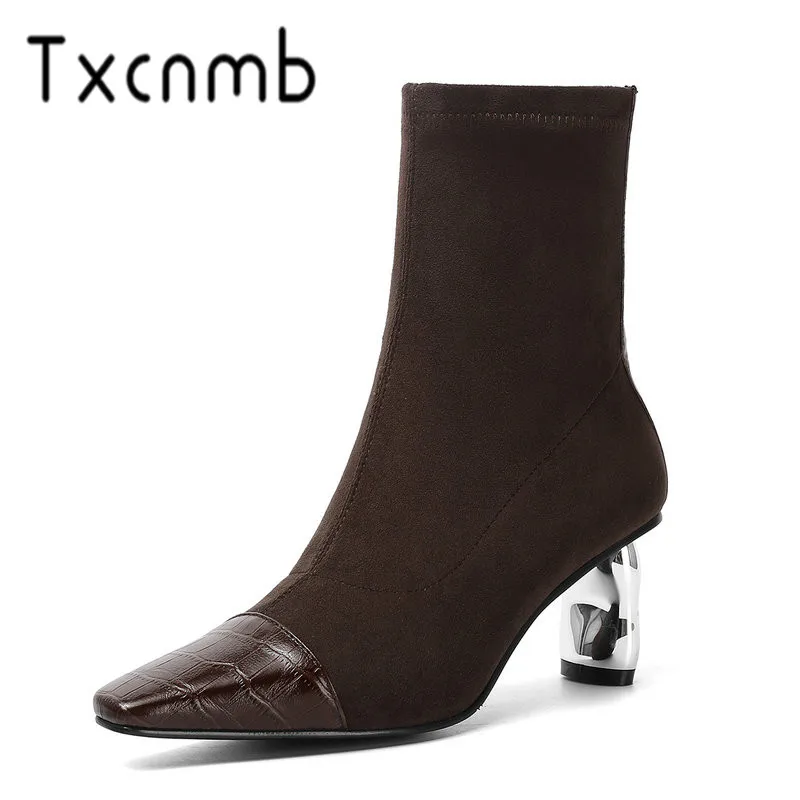 

TXCNMB Boots Women Genuine Leather Ankle Boots for Women High Heels Pointed Toe Chelsea Boots Autumn Winter Brown Shoes Women