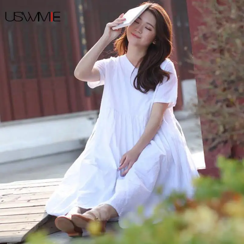 

USWMIE 2018 Summer Women Dress Literature Fresh Simple Pure Color Short Sleeve Vestidos V-neck Loose Joker Medium Style Dress