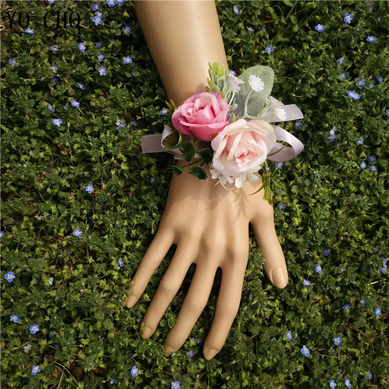 Wedding Accessories Boutonnieres Corsages Pink Rose Cuff Bracelet Flore Bridesmaid Groomsmen Marriage Silk Wrist Corsages (16)