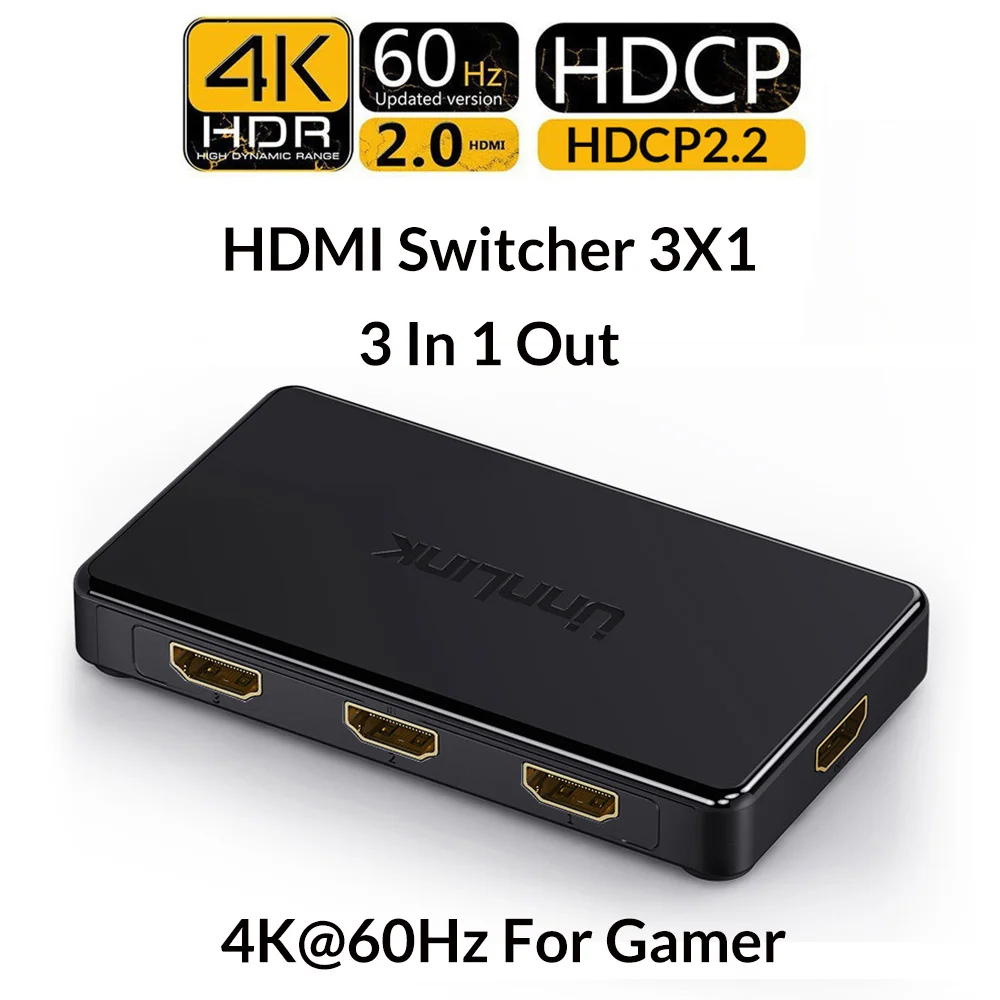 Unnlink HD mi التبديل 3x1 5x1 HD mi 2.0 UHD4K @ 60Hz 4:4:4 HDCP 2.2 HDR 3 في 1 خارج للتلفزيون الذكية mi box3 ps4pro xbox one xs العارض