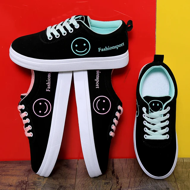 US $16.99 Women Canvas Shoes 2019 Flats Shoes Women Classic Lace Up Smiley Face Walking Fashion Women Sneaker
