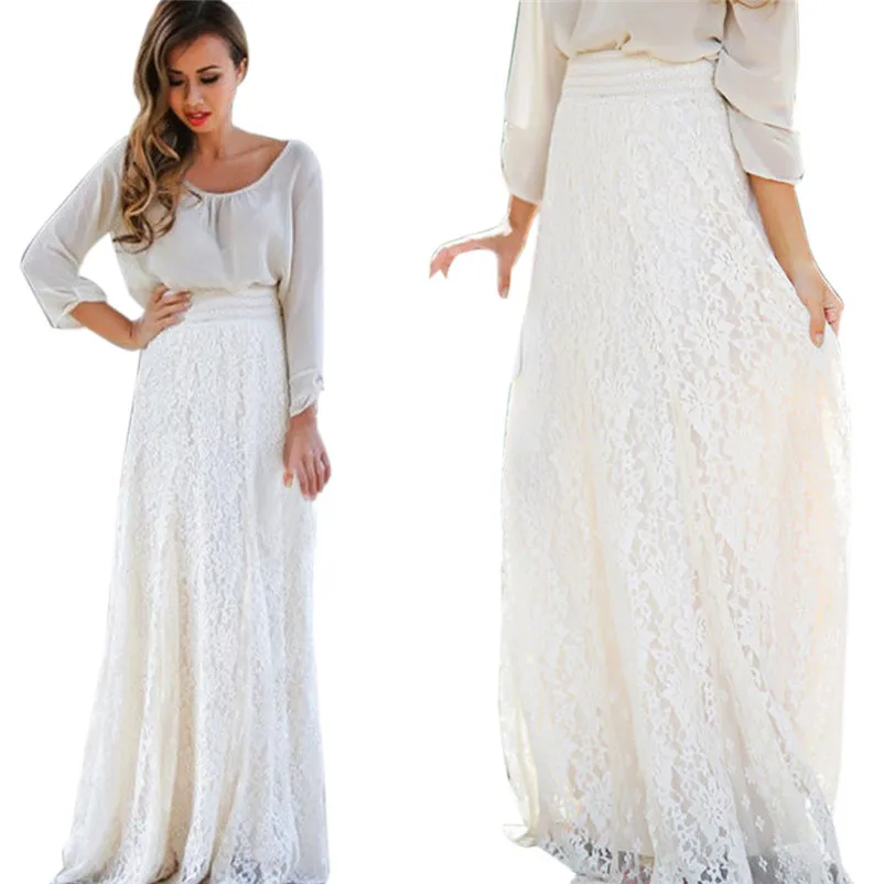 New Fashion 2018 Summer style skirts womens Lace Double Layer Pleated Long Maxi Skirt Elastic Waist Skirt Femme Saia Y05#N (10)