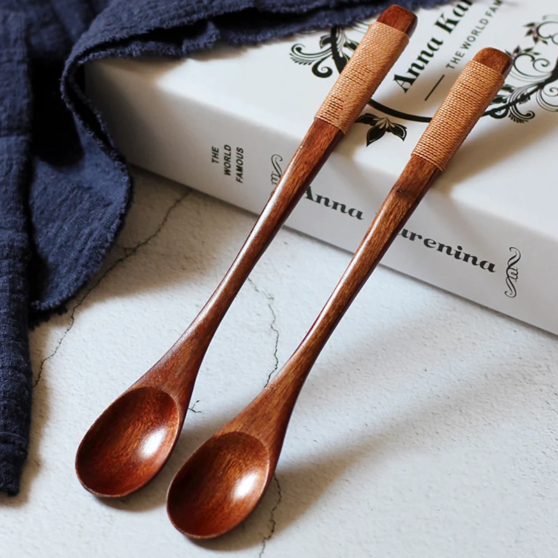 

6Pcs Wooden Spoons Long Handled Tea Coffee Spoon Japanese Style Ice Cream Dessert Spoon Wooden Tableware Kitchen Wood Utensils