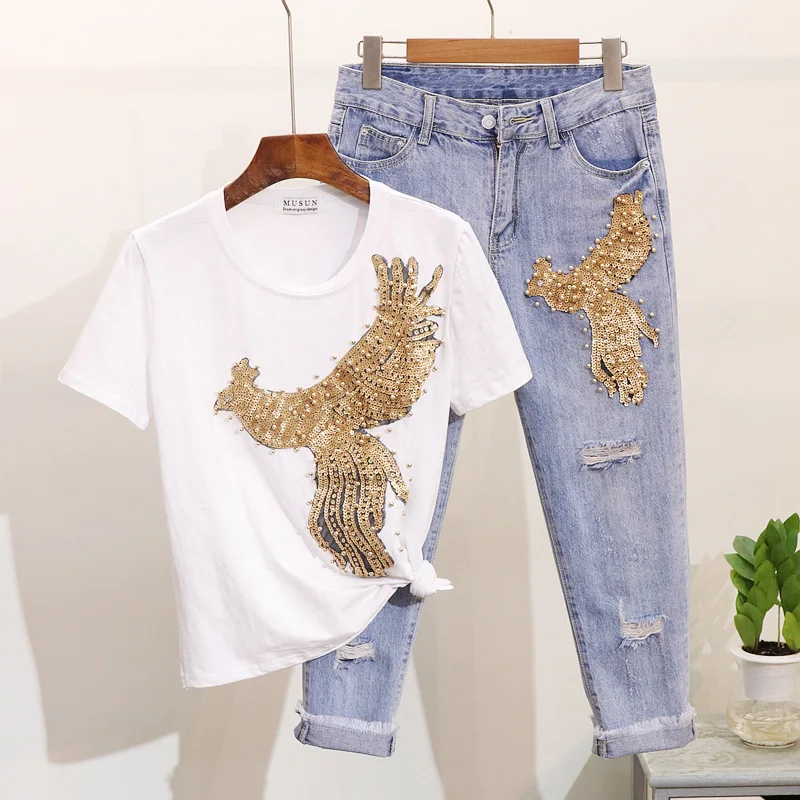 

Pearls Gold Phoenix Sequin Women Jeans Set Black T Shirt Shorts Sleeve Tops And Boyfriend Distressed Jeans 2 Peice Set Outfit