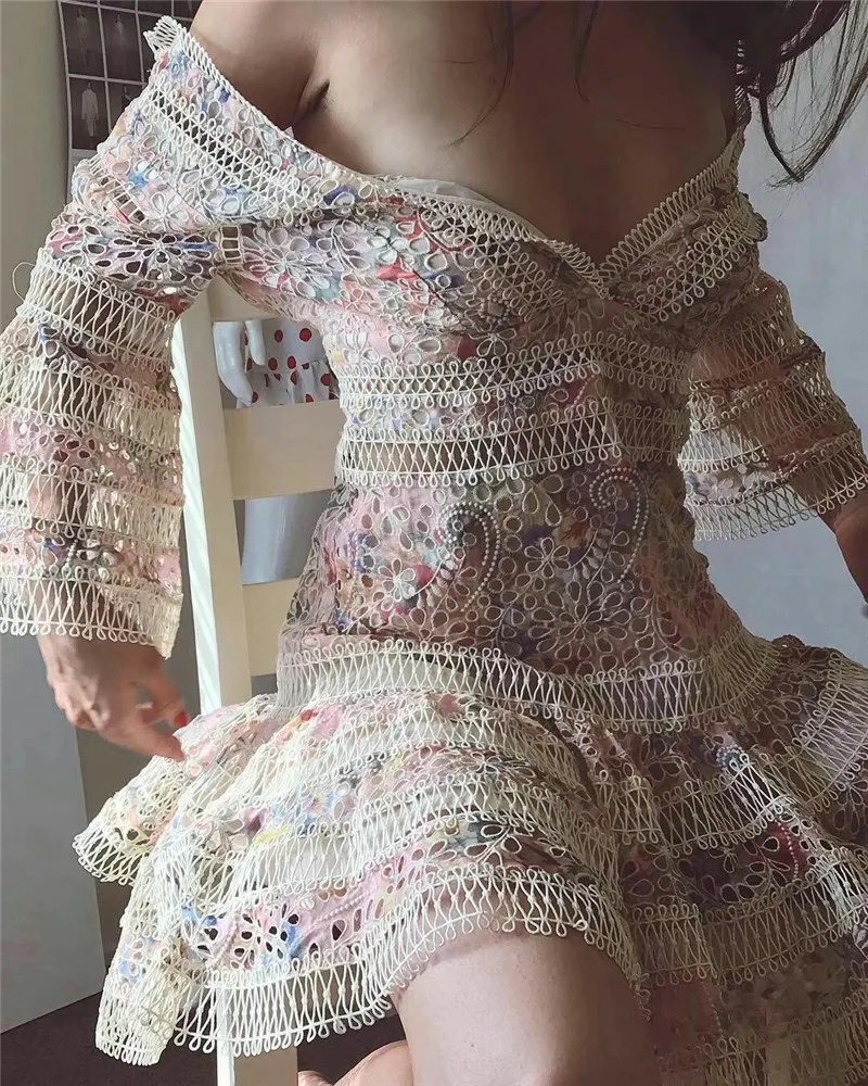 Женское кружевное платье SMTHMA, женское платье с вышивкой, V-образным вырезом и расклешенным рукавом, лето