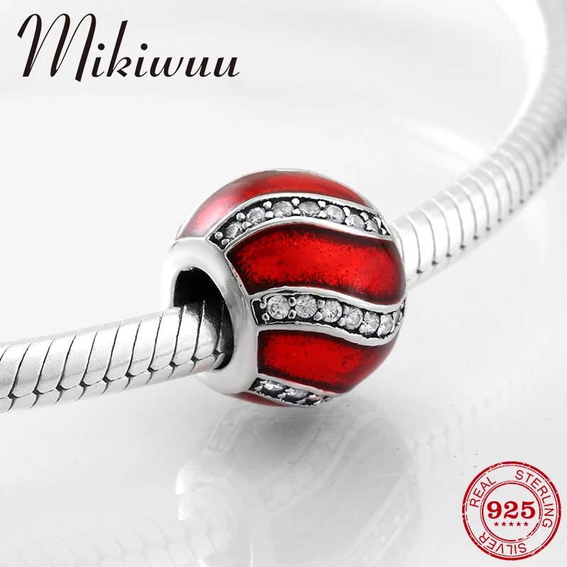 

Fashion round shape 925 Sterling Silver red Enamel stripe CZ beads for Jewelry making Fit Original Pandora Charm Bracelet