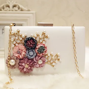 

Flower Box Women Evening Clutch Bags Vintage Ladies Beaded White Evening Bag Diamond Wedding Day Clutch Purse Chain Shoulder Bag