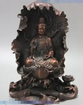 

11" China bronze sculpture carved wave lotus buddhism Kwan-yin buddha Statue