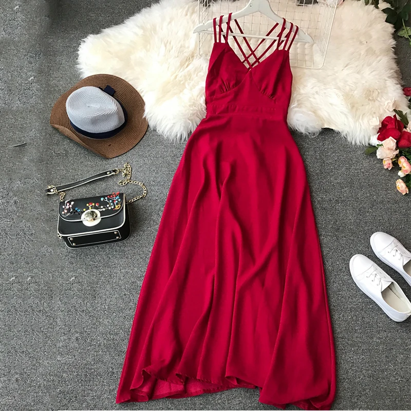 

2019 Summer A-line Dress New Holiday Pure Color Sexy V Neck Cross Open Back High Waist Thin Sexy Long section Dress aa708