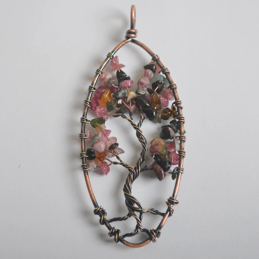 Free Shipping 89X40MM Handmade Wire Wrap Tree of life Natural Stone Bead Multi-color Tourmaline Copper Pendant 1Pcs K2076 | Украшения и
