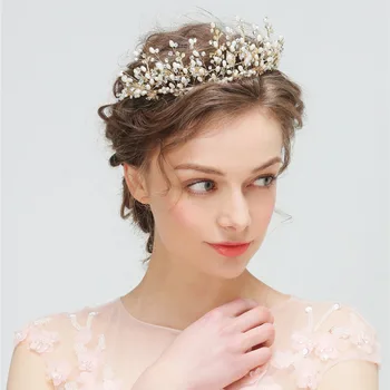 

Freshwater Pearls Wedding Tiara Princess Crown Handmade Flower Bridal Headpiece Party Hair Jewelry For Brides