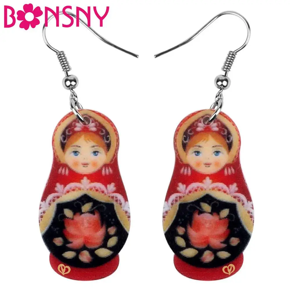 

Bonsny Acrylic Red Nationality Culture Printing Russian Doll Earrings Dangle Drop Fashion Jewelry For Women Girls Party Gift