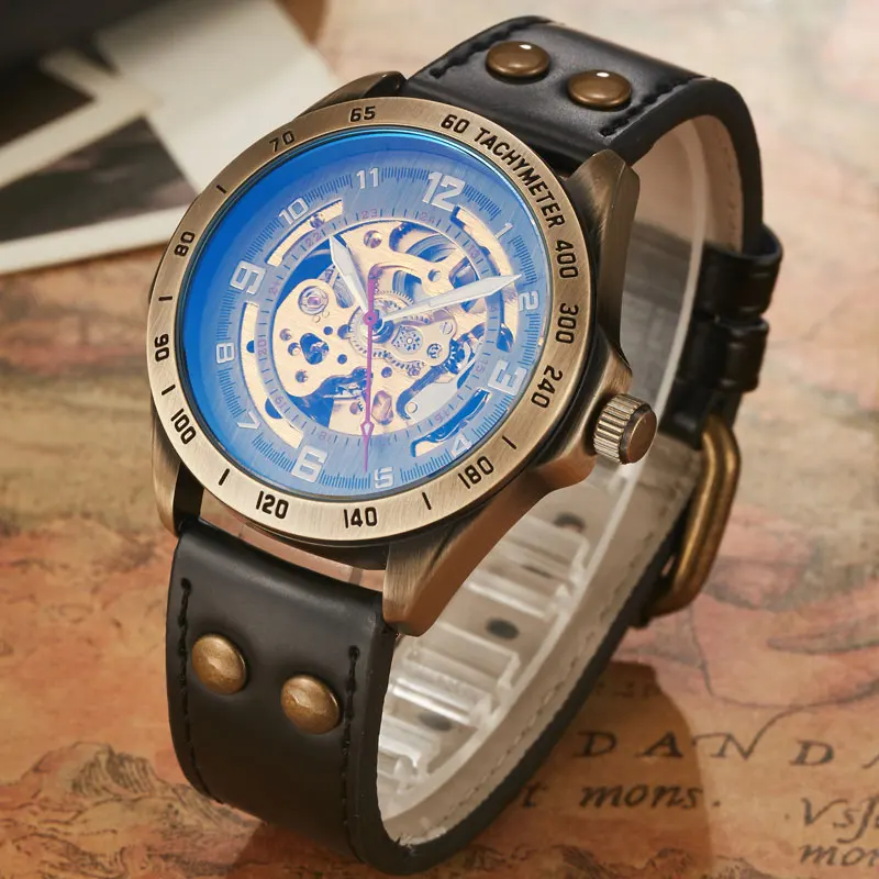 Vintage Men Automatic Mechanical Watch Bronze Case Gold Skeleton Dial Steampunk Leather Self Winding Male Mens Wristwatch Clock