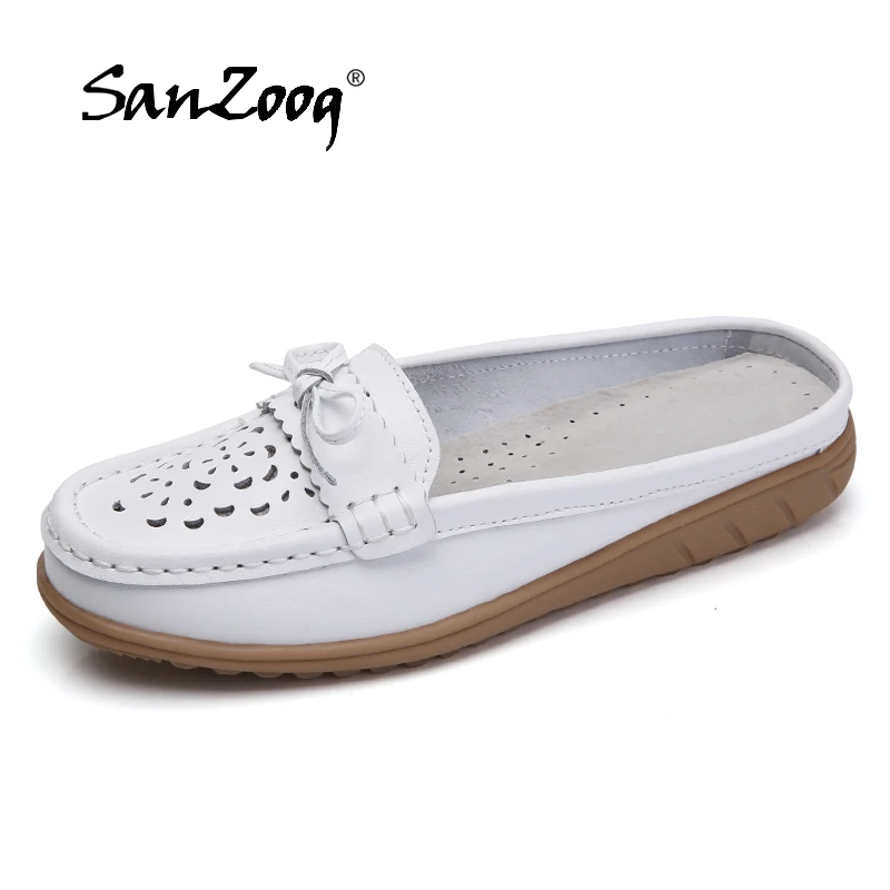 US $10.14 Summer Genuine Leather Women Flats Hollow Slip On Leather Loafers Ladies Shoes Korean Style Soft Moccasins Half Slippers Size 43
