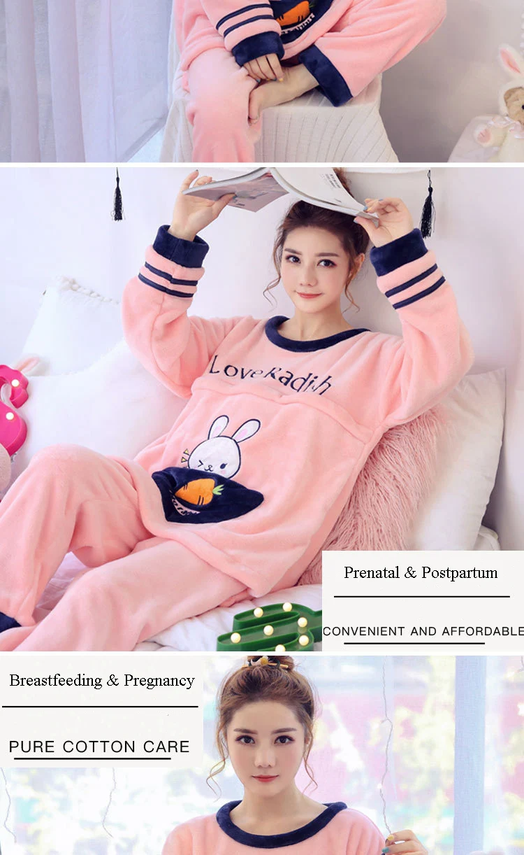 Зимний фланелевый пижамный комплект для беременных Топ+ штаны для кормящих мам, одежда с поясом, Пижама для беременных женщин